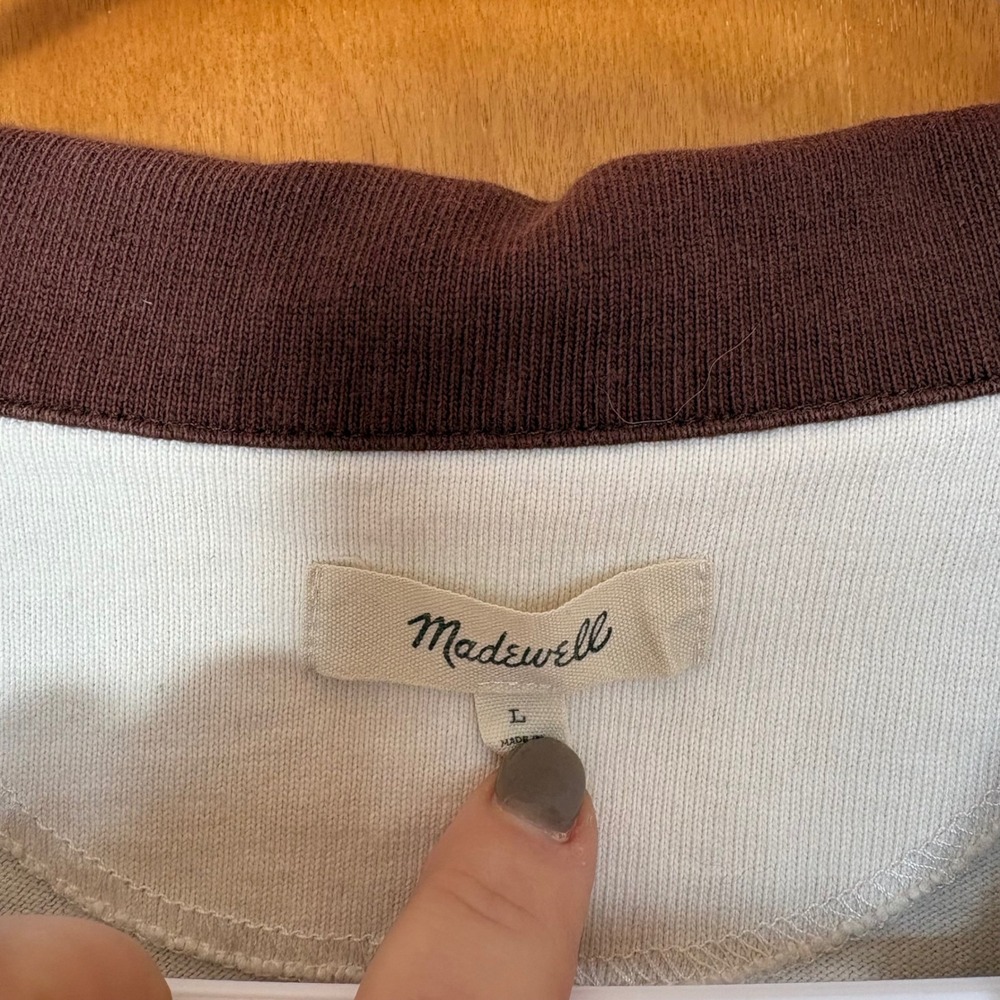 Madewell Rugby Polo Shirt Womens Large Brown Cream Striped NL325 Cotton Top - Picture 2 of 8